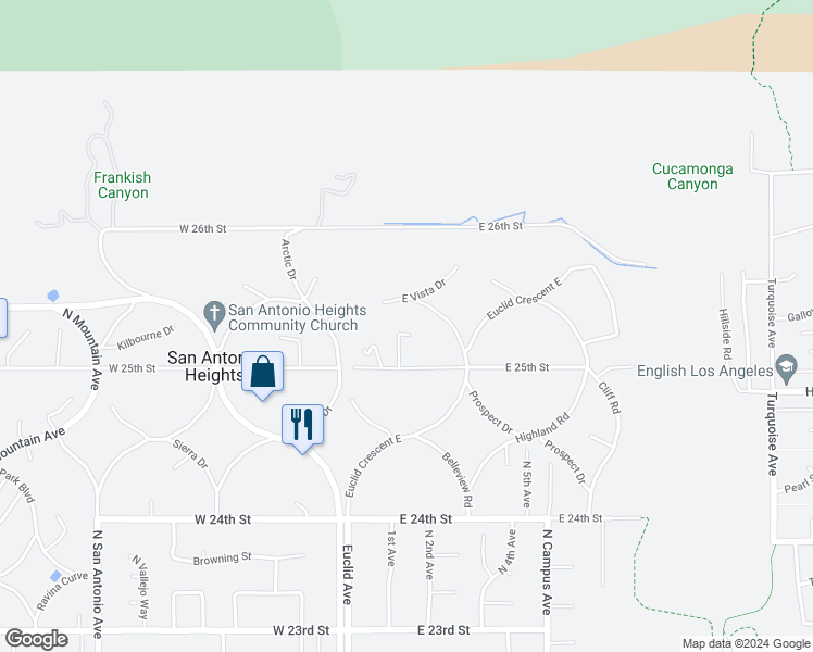 map of restaurants, bars, coffee shops, grocery stores, and more near 2525 Jonquil Drive in Upland