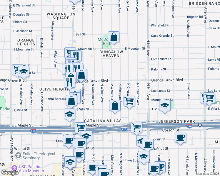 map of restaurants, bars, coffee shops, grocery stores, and more near 625 Mar Vista Avenue in Pasadena