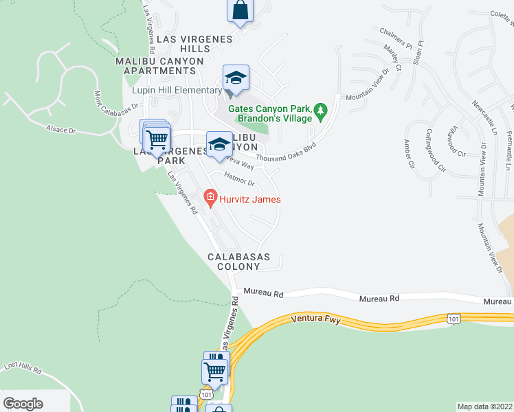 map of restaurants, bars, coffee shops, grocery stores, and more near 26134 Roymor Drive in Calabasas