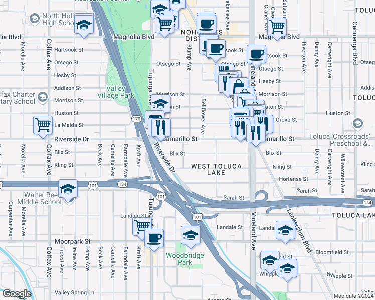 map of restaurants, bars, coffee shops, grocery stores, and more near 11241 Blix Street in Los Angeles