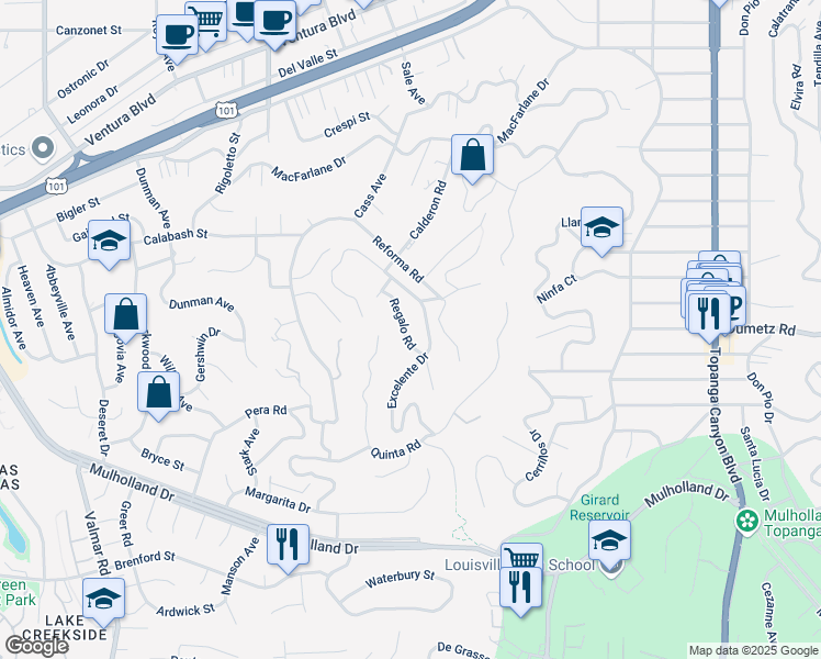 map of restaurants, bars, coffee shops, grocery stores, and more near 4809 Excelente Drive in Los Angeles