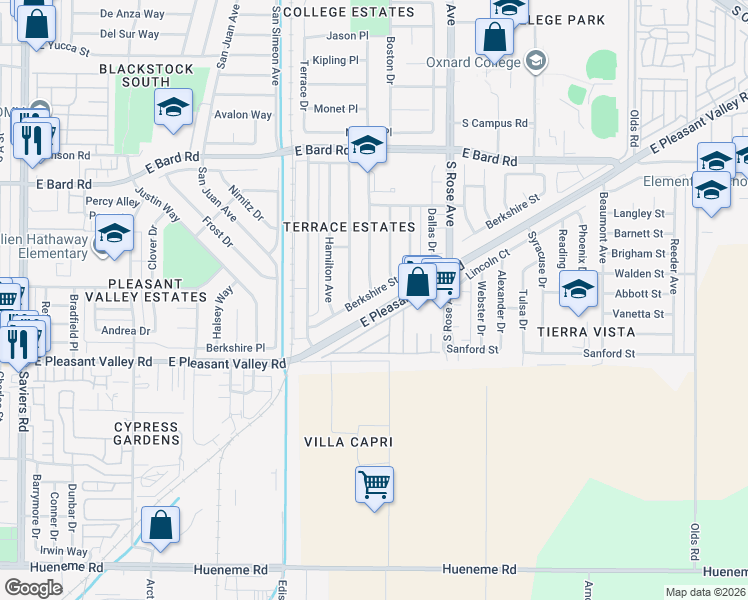 map of restaurants, bars, coffee shops, grocery stores, and more near 1350 Berkshire Street in Oxnard