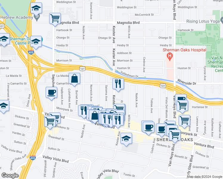 map of restaurants, bars, coffee shops, grocery stores, and more near 4747 Kester Avenue in Los Angeles