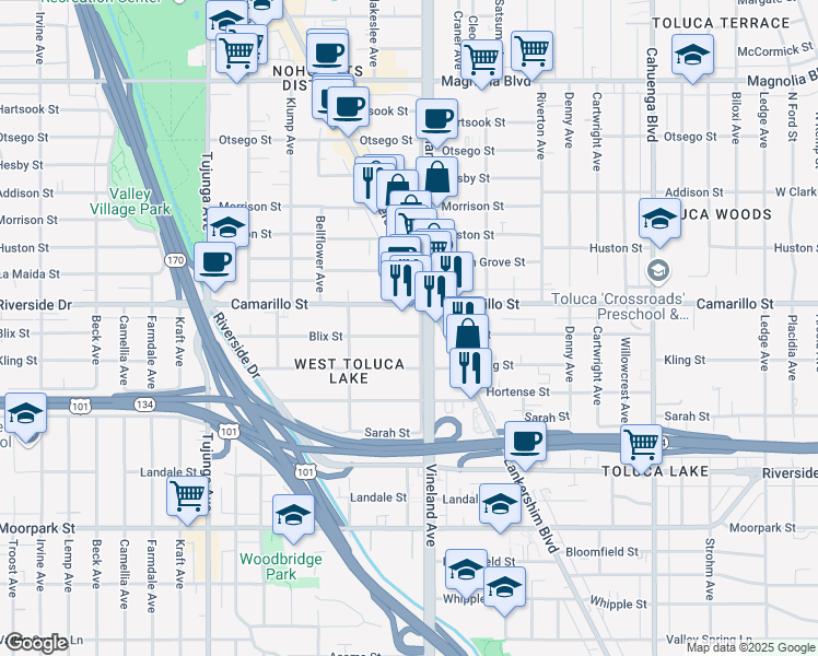 map of restaurants, bars, coffee shops, grocery stores, and more near 11015 Blix Street in Los Angeles
