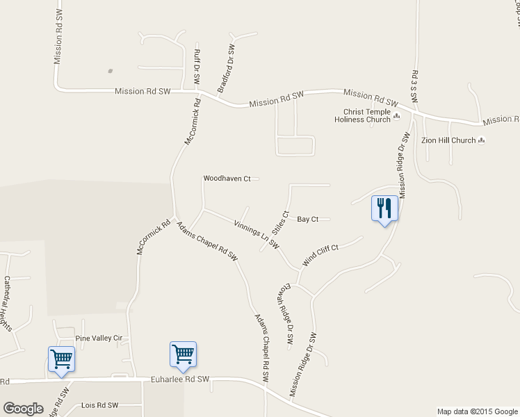 map of restaurants, bars, coffee shops, grocery stores, and more near 16 Windcliff Ct SW in Cartersville