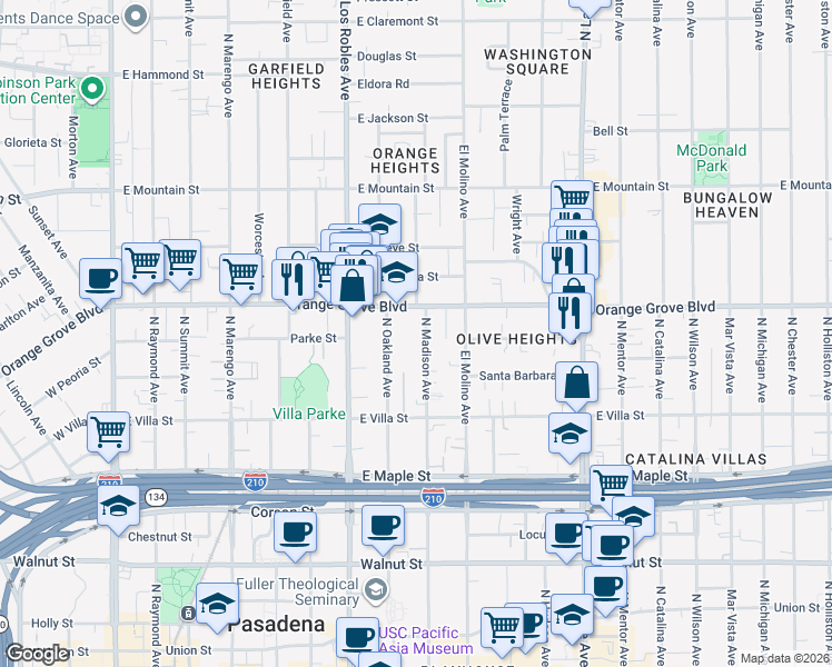 map of restaurants, bars, coffee shops, grocery stores, and more near 608 North Madison Avenue in Pasadena