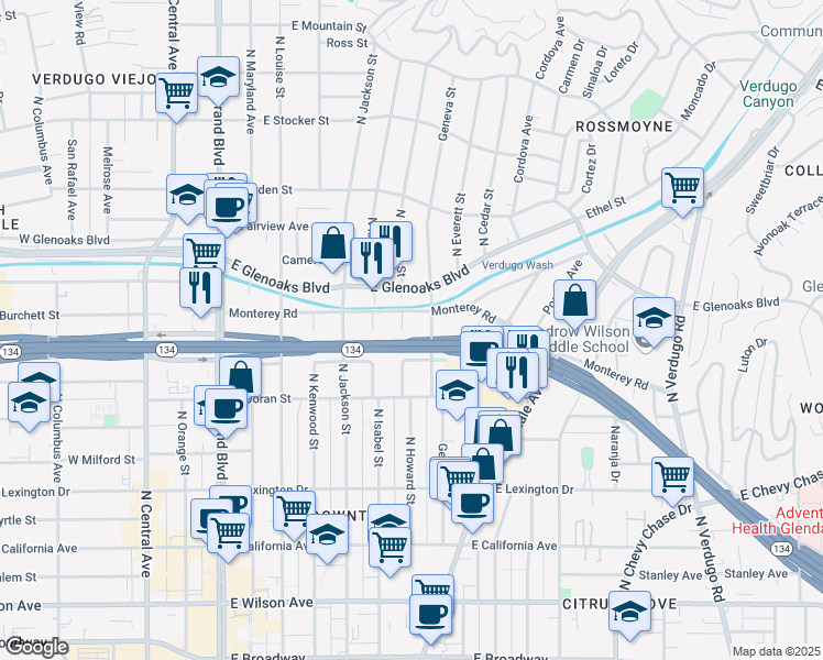 map of restaurants, bars, coffee shops, grocery stores, and more near 709 North Howard Street in Glendale