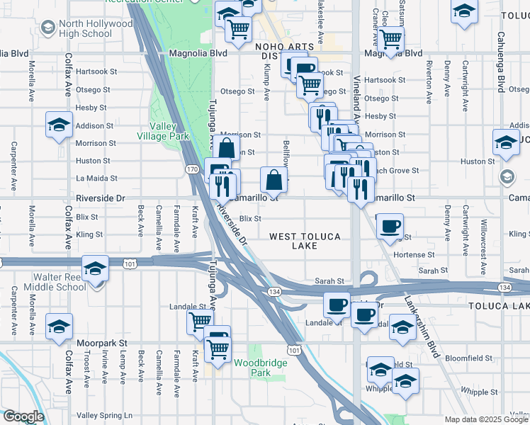 map of restaurants, bars, coffee shops, grocery stores, and more near 11228 Blix Street in Los Angeles