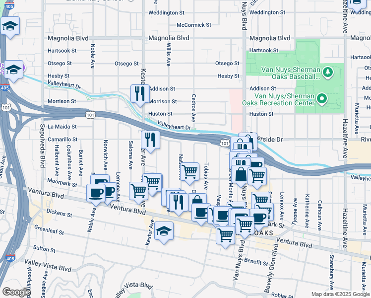 map of restaurants, bars, coffee shops, grocery stores, and more near 4711 Cedros Avenue in Los Angeles