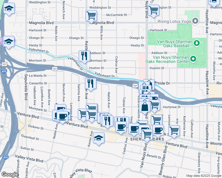 map of restaurants, bars, coffee shops, grocery stores, and more near 4711 Cedros Avenue in Los Angeles