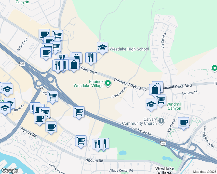 map of restaurants, bars, coffee shops, grocery stores, and more near 112 Lakeview Canyon Road in Thousand Oaks