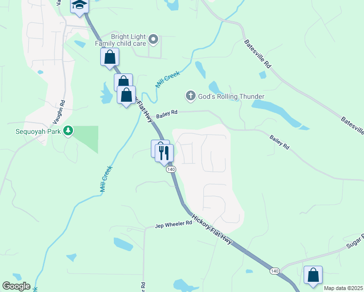 map of restaurants, bars, coffee shops, grocery stores, and more near Village Lane in Cherokee County