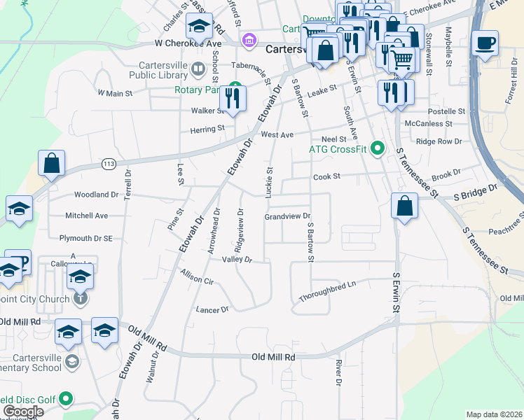 map of restaurants, bars, coffee shops, grocery stores, and more near 209 Luckie Street in Cartersville