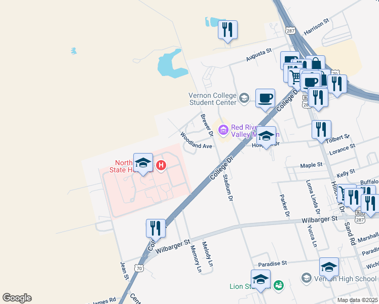 map of restaurants, bars, coffee shops, grocery stores, and more near 4601 Woodland Avenue in Vernon