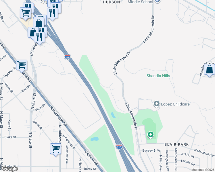 map of restaurants, bars, coffee shops, grocery stores, and more near 3597 Bond Street in San Bernardino