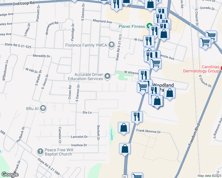 map of restaurants, bars, coffee shops, grocery stores, and more near 600 Sidney Avenue in Florence