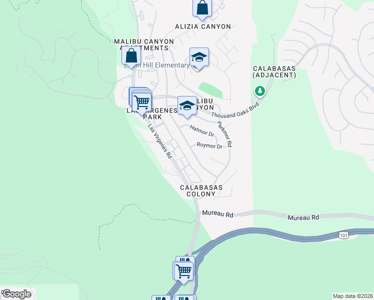 map of restaurants, bars, coffee shops, grocery stores, and more near 5515 Ruthwood Drive in Calabasas