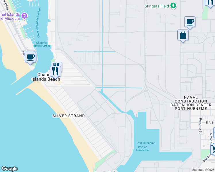 map of restaurants, bars, coffee shops, grocery stores, and more near Pleasant Valley Canal Road in Oxnard