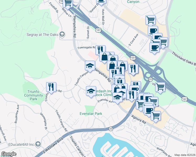 map of restaurants, bars, coffee shops, grocery stores, and more near 817 Rim Crest Drive in Westlake Village
