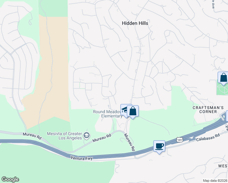map of restaurants, bars, coffee shops, grocery stores, and more near 24929 Jim Bridger Road in Hidden Hills
