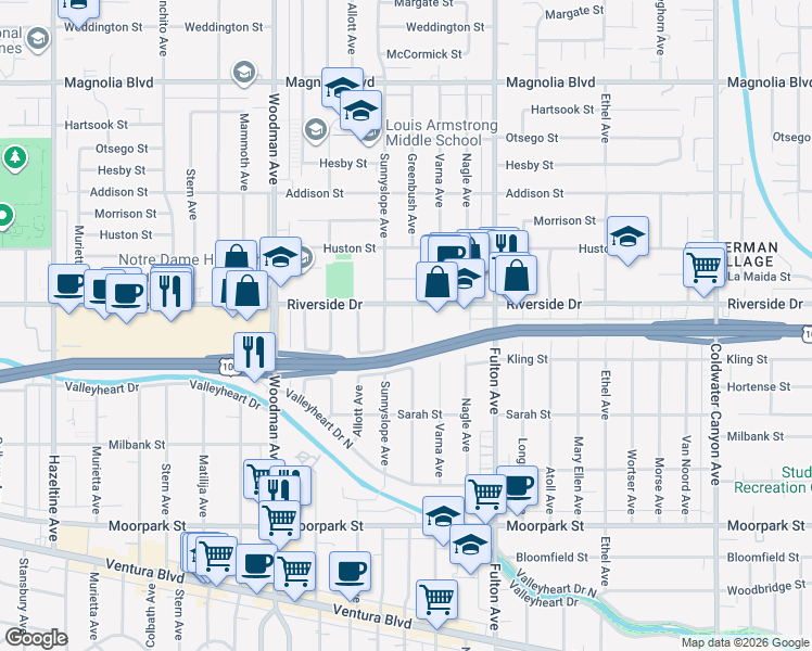 map of restaurants, bars, coffee shops, grocery stores, and more near 4739 Greenbush Avenue in Los Angeles