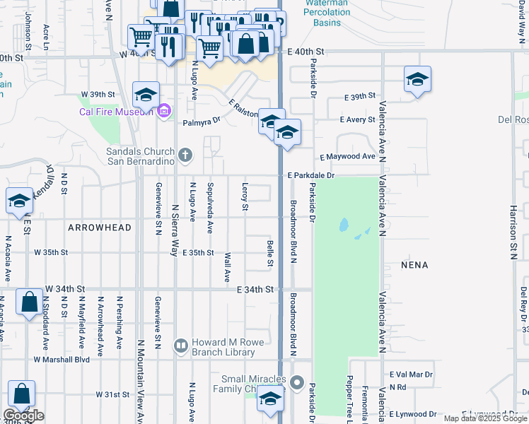 map of restaurants, bars, coffee shops, grocery stores, and more near 272 East 36th Street in San Bernardino