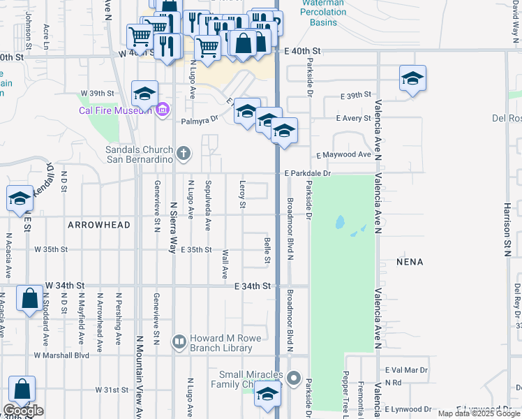 map of restaurants, bars, coffee shops, grocery stores, and more near 272 East 36th Street in San Bernardino