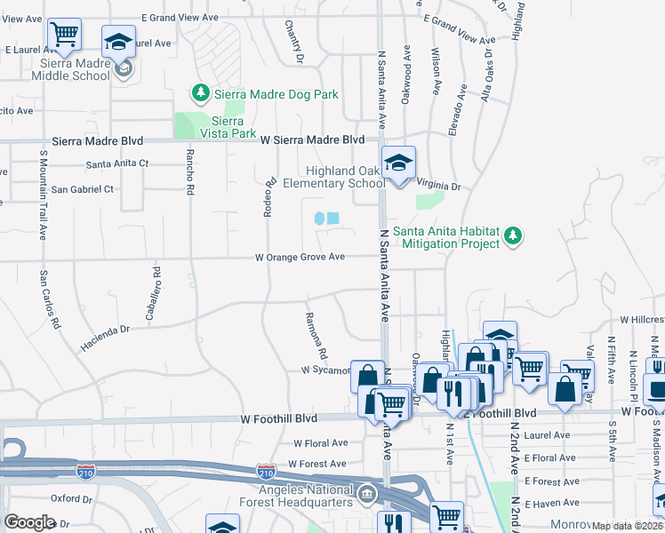 map of restaurants, bars, coffee shops, grocery stores, and more near 2 West Orange Grove Avenue in Arcadia