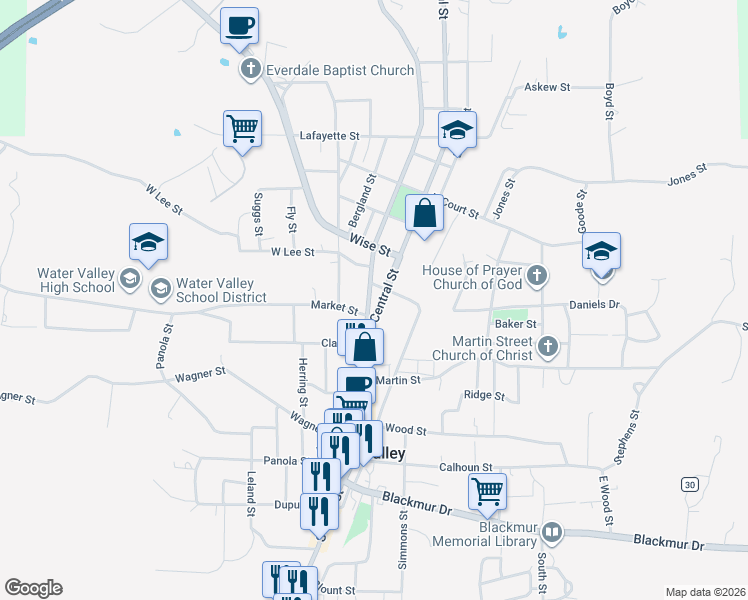map of restaurants, bars, coffee shops, grocery stores, and more near 800 North Main Street in Water Valley