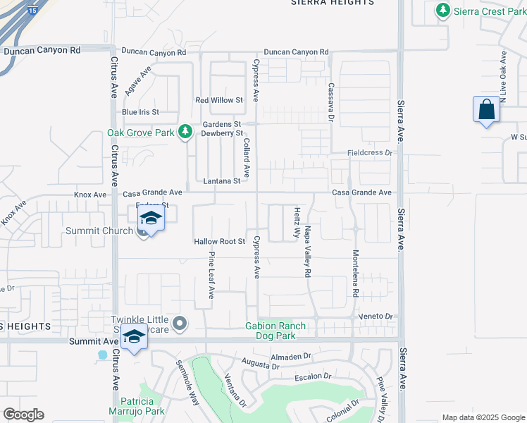 map of restaurants, bars, coffee shops, grocery stores, and more near 5370 Kastania Way in Fontana