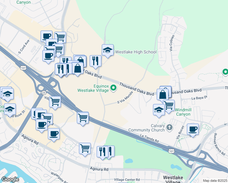 map of restaurants, bars, coffee shops, grocery stores, and more near 112 Lakeview Canyon Road in Thousand Oaks