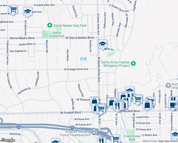 map of restaurants, bars, coffee shops, grocery stores, and more near 40 West Orange Grove Avenue in Arcadia