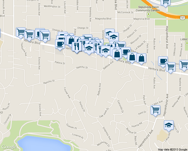 map of restaurants, bars, coffee shops, grocery stores, and more near 17036 Rancho Street in Los Angeles