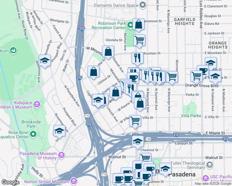 map of restaurants, bars, coffee shops, grocery stores, and more near in Pasadena