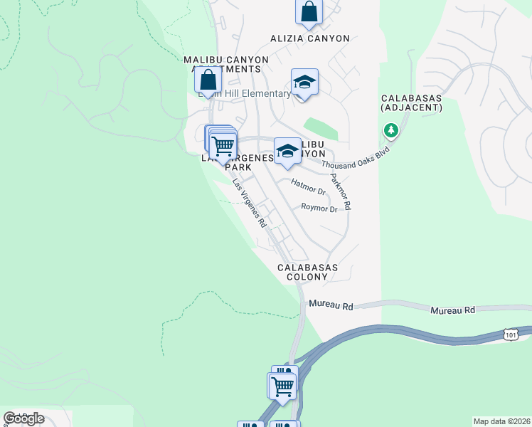 map of restaurants, bars, coffee shops, grocery stores, and more near 26341 West Bravo Lane in Calabasas