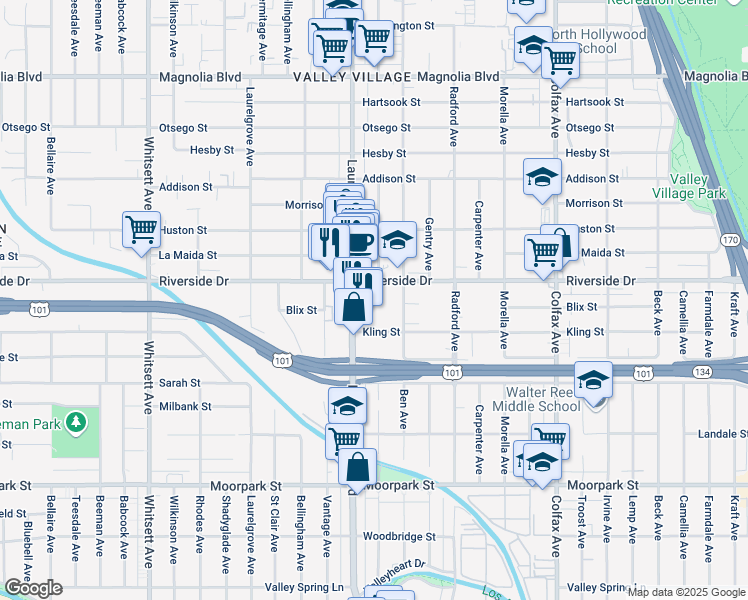map of restaurants, bars, coffee shops, grocery stores, and more near 12021 Kling Street in Los Angeles