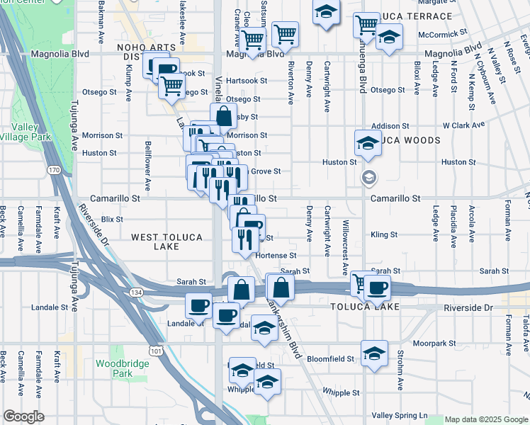 map of restaurants, bars, coffee shops, grocery stores, and more near 10847 Blix Street in Los Angeles