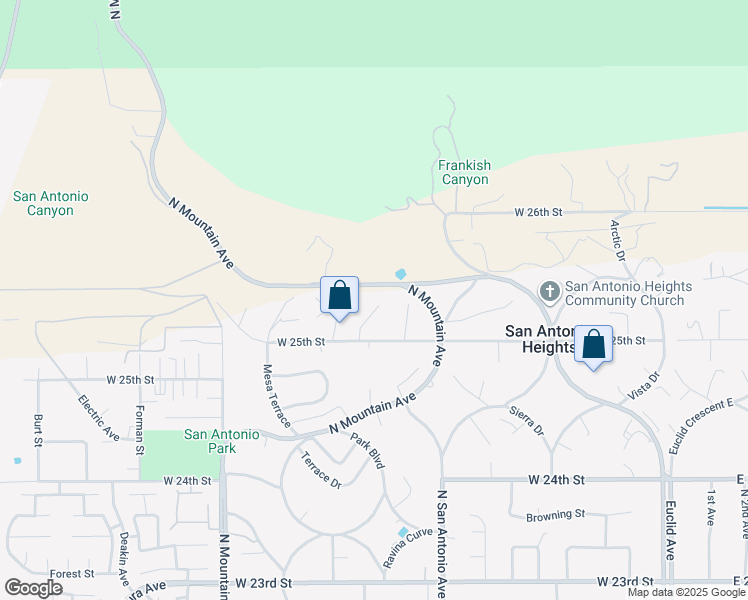 map of restaurants, bars, coffee shops, grocery stores, and more near 2521 Wildrose Lane in Upland