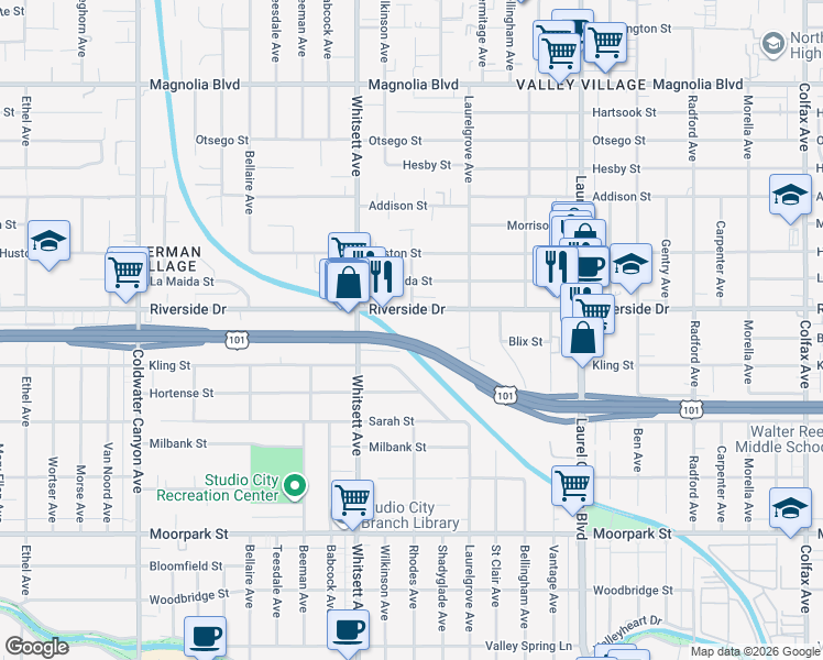 map of restaurants, bars, coffee shops, grocery stores, and more near 12321 Blix Street in Los Angeles