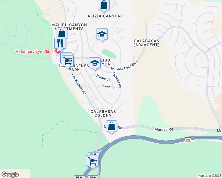 map of restaurants, bars, coffee shops, grocery stores, and more near 26134 Roymor Drive in Calabasas