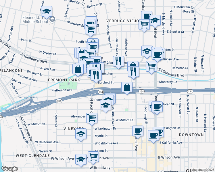 map of restaurants, bars, coffee shops, grocery stores, and more near 420 Burchett Street in Glendale