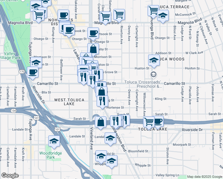 map of restaurants, bars, coffee shops, grocery stores, and more near 10847 Blix Street in Los Angeles