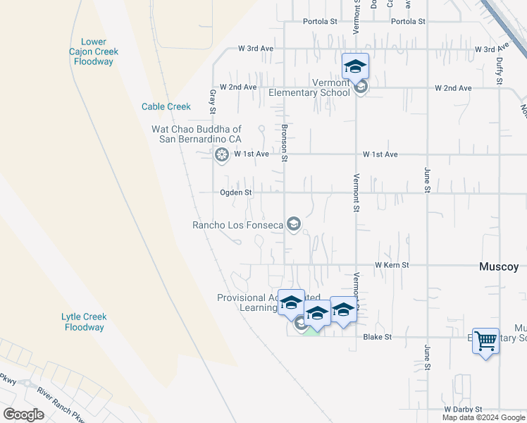 map of restaurants, bars, coffee shops, grocery stores, and more near 2523 Ogden Street in Muscoy