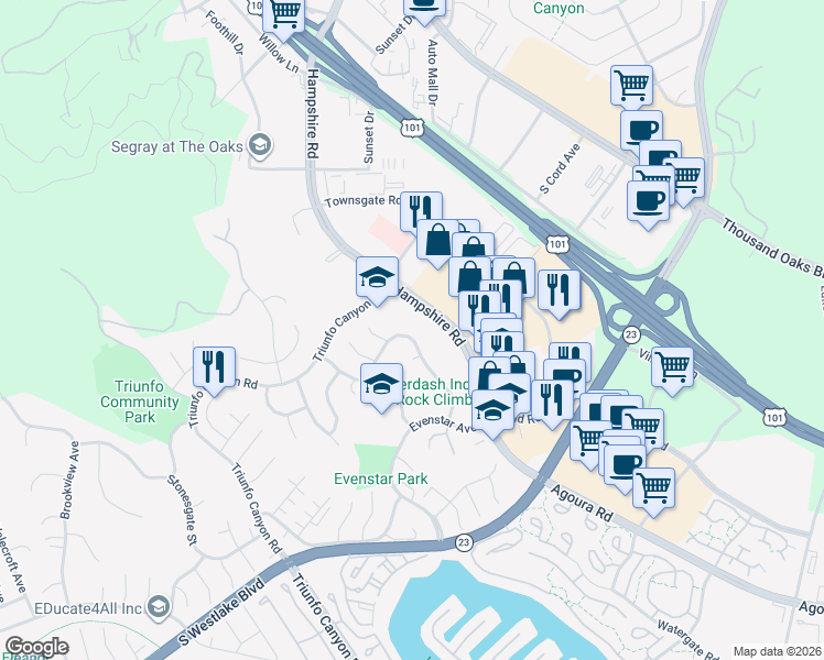 map of restaurants, bars, coffee shops, grocery stores, and more near 822 Rim Crest Drive in Westlake Village