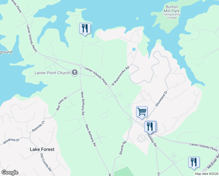 map of restaurants, bars, coffee shops, grocery stores, and more near 6108 Holiday Road in Buford
