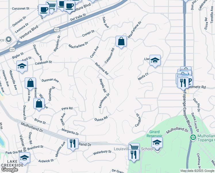 map of restaurants, bars, coffee shops, grocery stores, and more near 4831 Excelente Drive in Los Angeles