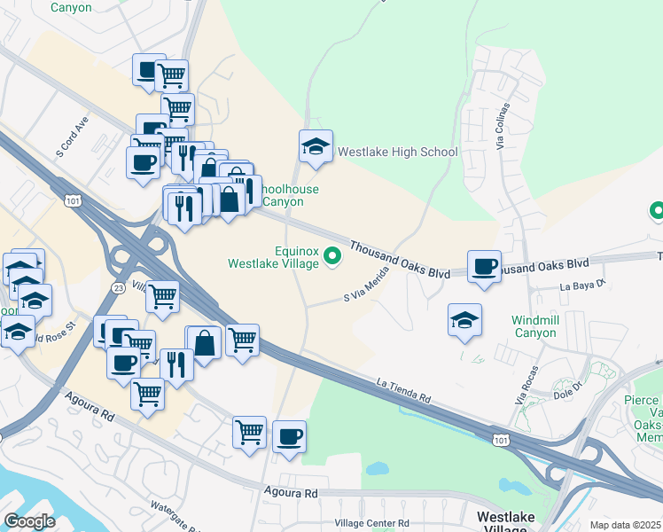 map of restaurants, bars, coffee shops, grocery stores, and more near 112 Lakeview Canyon Road in Westlake Village