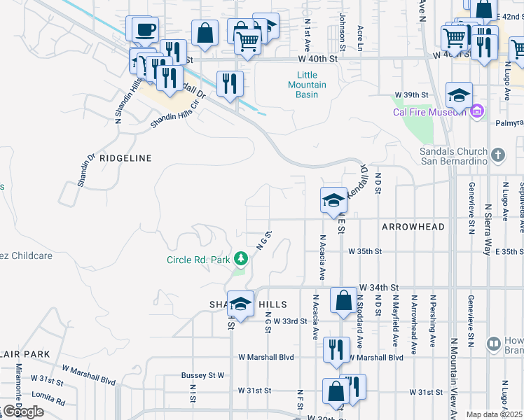 map of restaurants, bars, coffee shops, grocery stores, and more near 717 Laporte Avenue in San Bernardino
