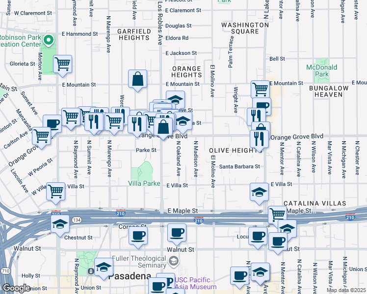 map of restaurants, bars, coffee shops, grocery stores, and more near 650 North Oakland Avenue in Pasadena