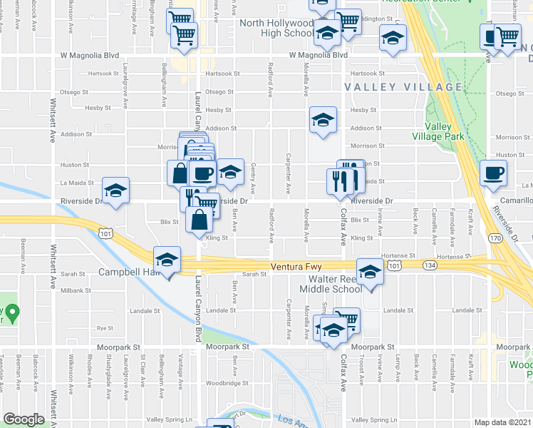 map of restaurants, bars, coffee shops, grocery stores, and more near 4741 Radford Avenue in Los Angeles
